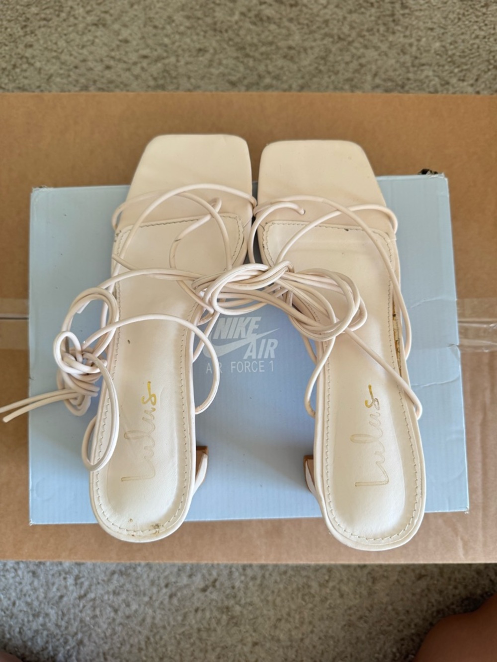 Lulu's Pale Blush Lace-Up Square Toe Heels